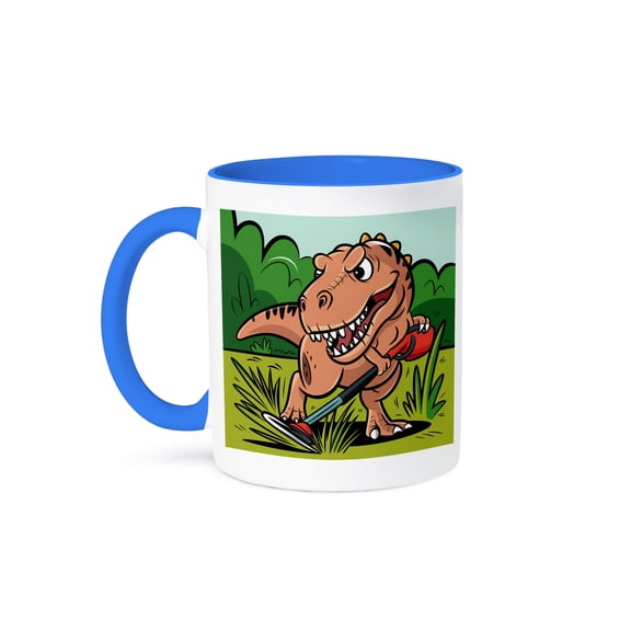 3dRose, Funny Cute Cool Abstract T-rex Dinosaur using Weed Eater Satire, 11oz Two-Tone Blue Mug