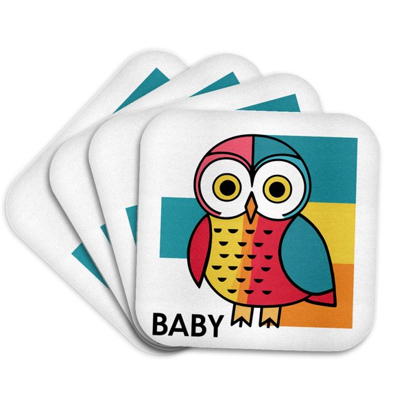 3drose, Funny Cute Cool Artistic Colorful Baby Owl for Baby Abstract, Set of 4 Coasters - Soft