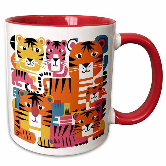 3drose, Funny Cute Cool Artistic Colorful Tigers Pattern Animal Abstract, 11oz Two-tone Red Mug