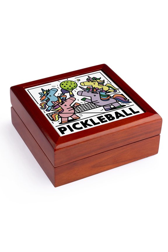 , Funny Cute Cool Artistic Funky Unicorns Playing Pickleball Abstract, Jewelry Box 5.5x5.5 inch with 4 inch tile