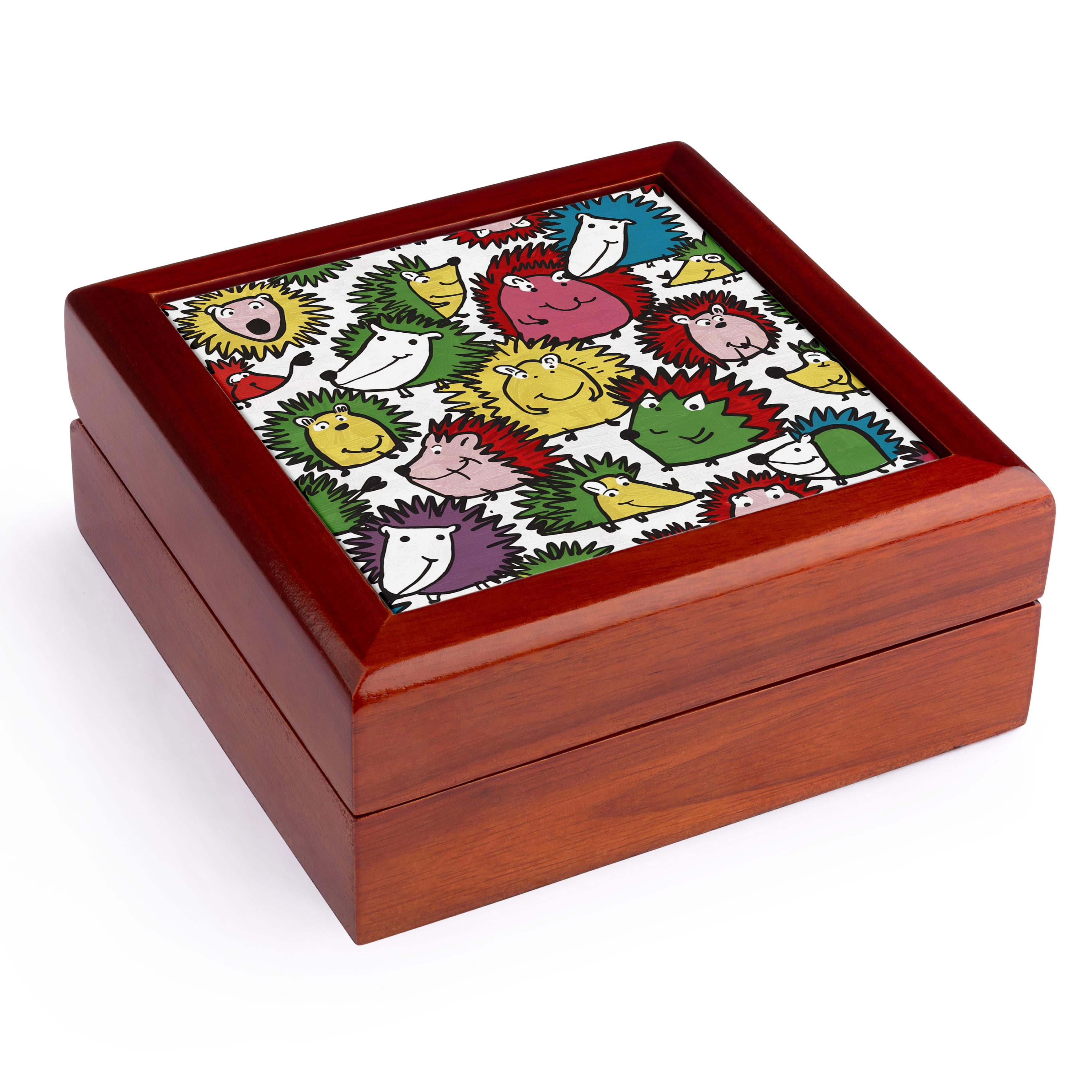 3dRose, Funny Cute Cool Artistic Hedgehogs Pattern Animal Abstract, Jewelry Box 5.5x5.5 inch with 4 inch tile
