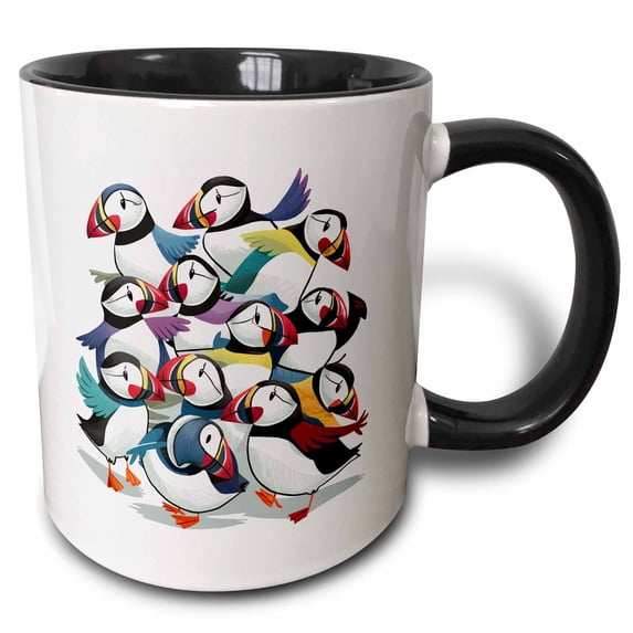 3drose, Funny Cute Cool Artistic Puffin Birds Pattern Animal Abstract, 11oz Two-tone Black Mug
