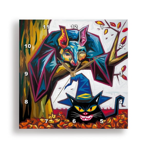 3dRose, Funny Cute Cool Bat Sleeping on Branch above Black Witch Halloween, 13x13 Wall Clock