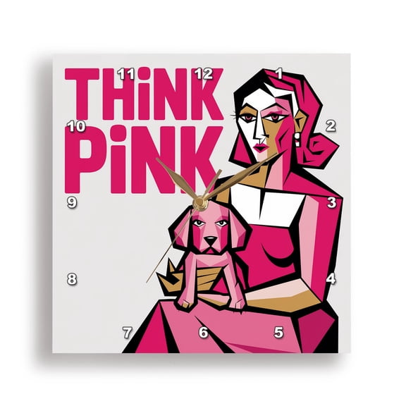 3dRose, Funny Cute Cool Breast Cancer Think Pink with Woman and Pink Dog, 15x15 Wall Clock