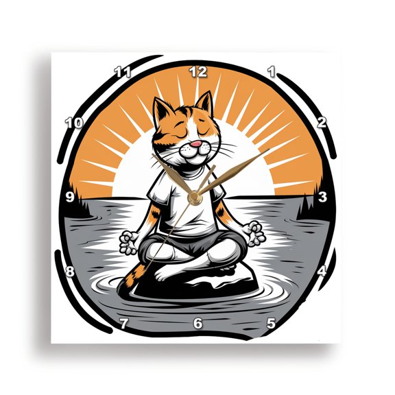 3dRose, Funny Cute Cool Callico Kitty Cat doing Yoga Meditation Graffiti, 15x15 Wall Clock