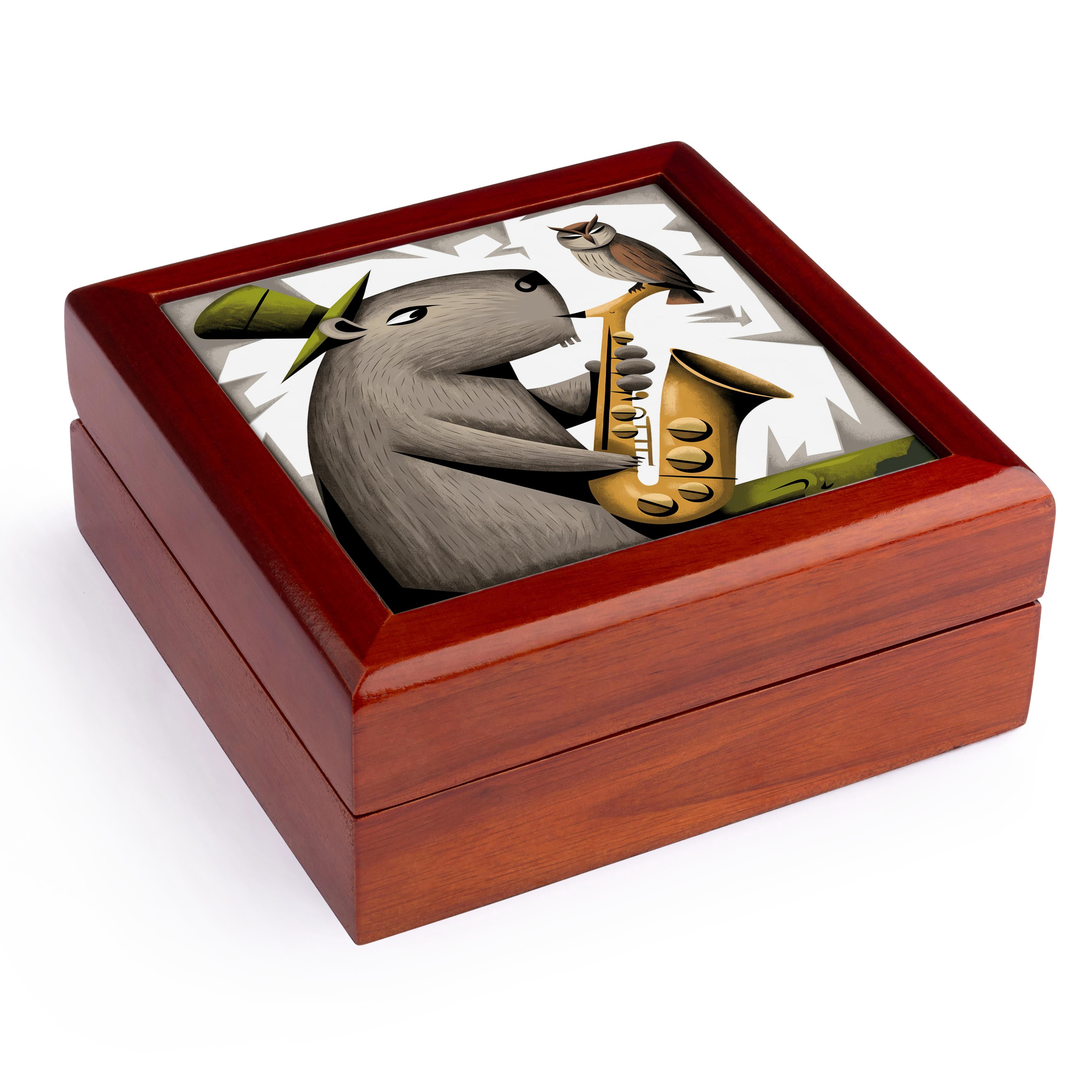 3dRose, Funny Cute Cool Capybara Playing Saxophone Music with Owl Abstract , Jewelry Box 5.5x5.5 inch with 4 inch tile