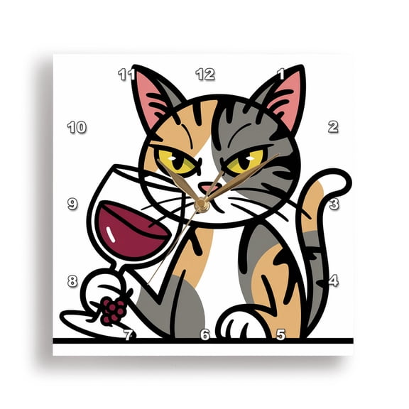 3dRose, Funny Cute Cool Colorful Abstract Calico Kitty Cat Drinking Red Wine , 15x15 Wall Clock