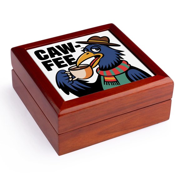 3dRose, Funny Cute Cool Colorful Abstract Crow Drinking Caw-fee Pun Coffee, Jewelry Box 5.5x5.5 inch with 4 inch tile