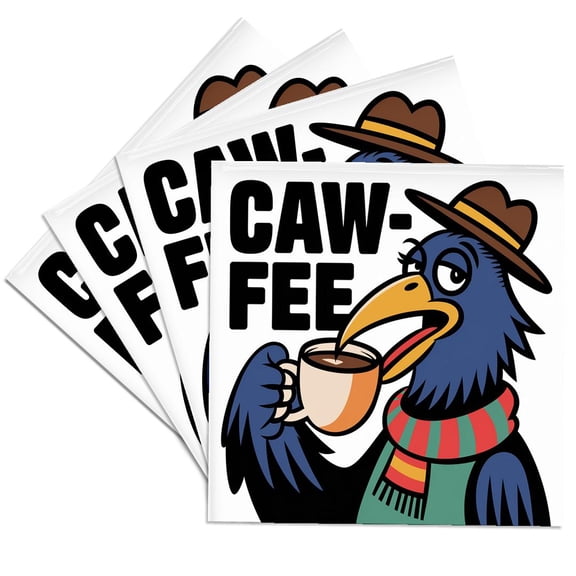 3drose, Funny Cute Cool Colorful Abstract Crow Drinking Caw-fee Pun Coffee, Set of 4 Ceramic Tile Coasters