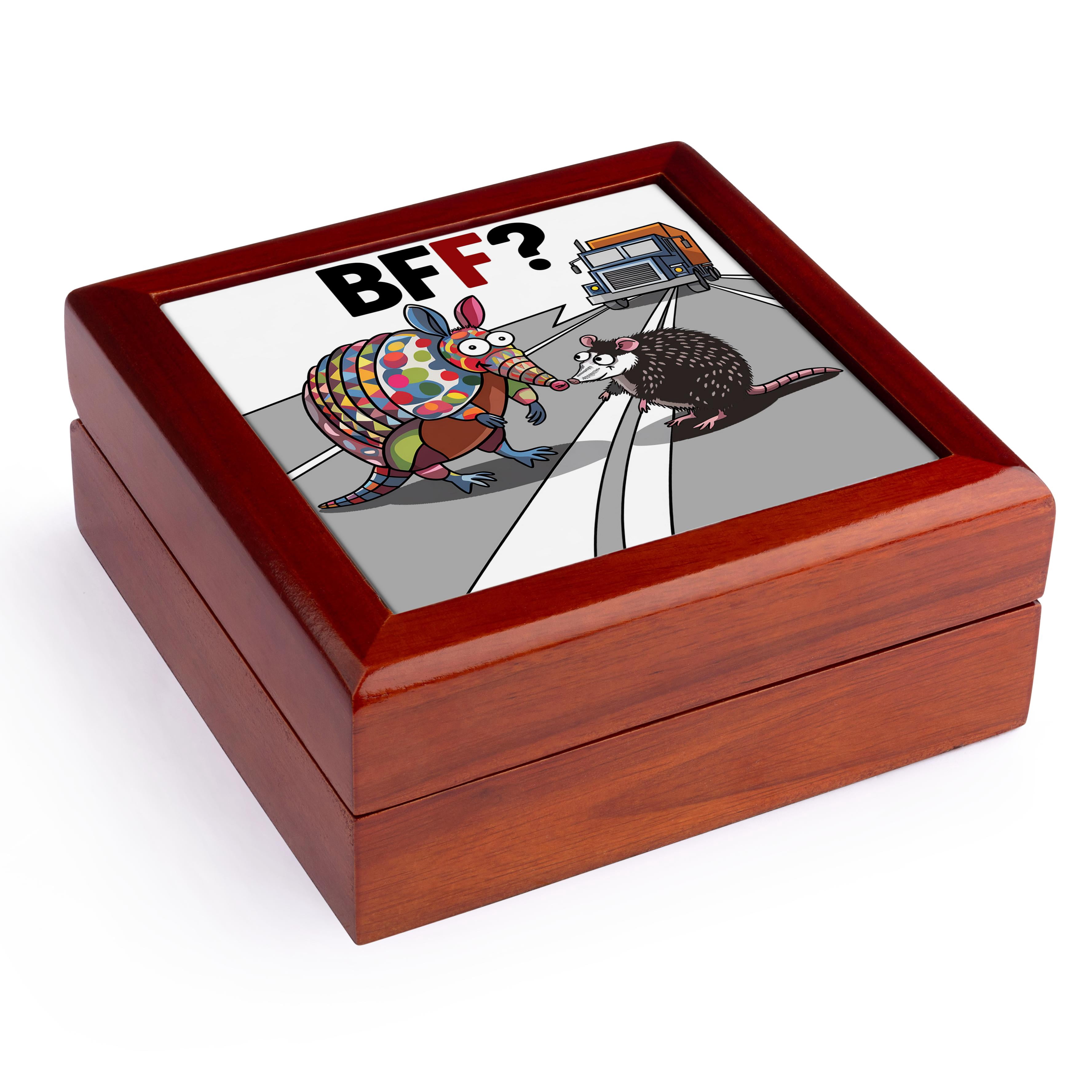 3dRose, Funny Cute Cool Colorful Abstract Possum and Armadillo BFF Roadkill, Jewelry Box 5.5x5.5 inch with 4 inch tile