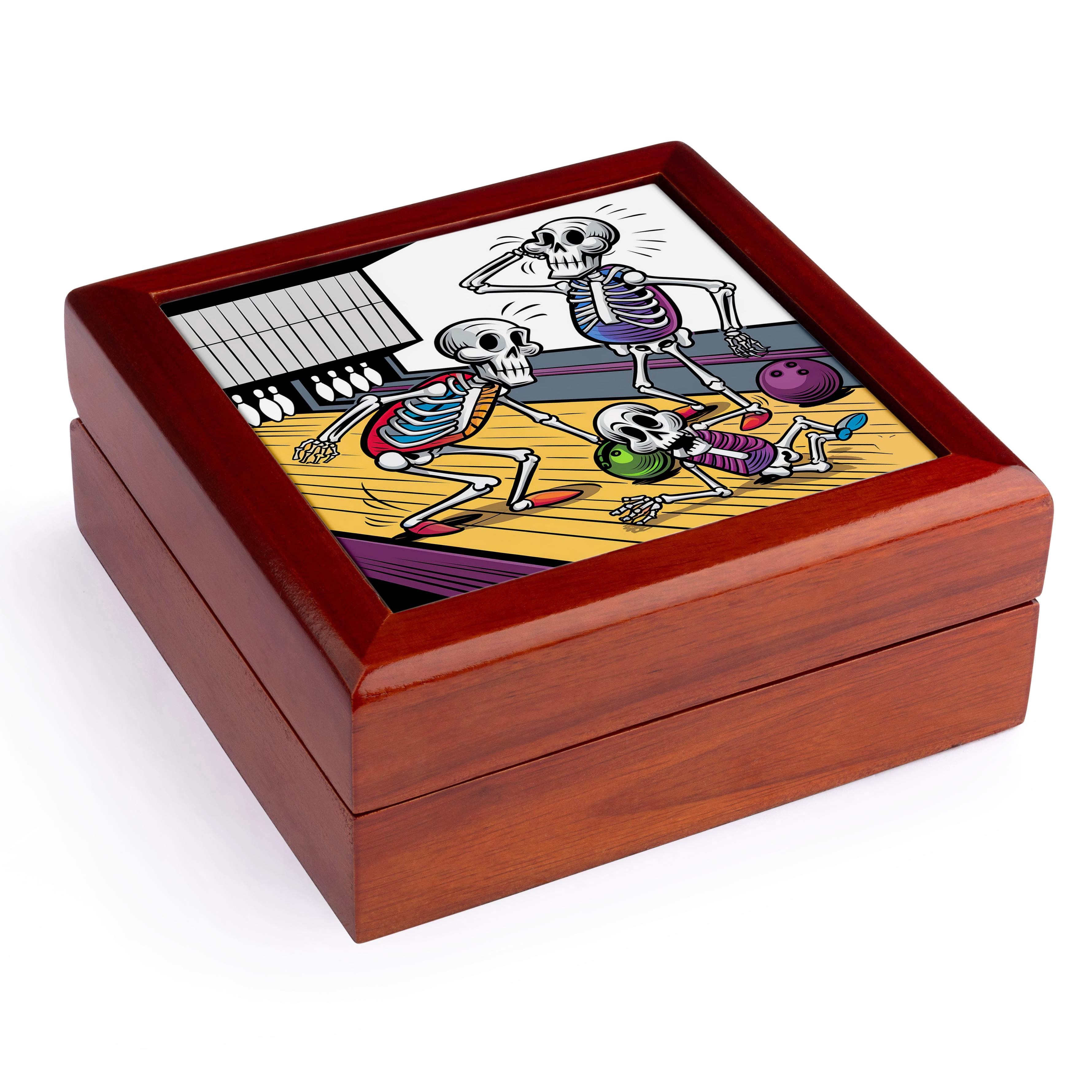 3dRose, Funny Cute Cool Colorful Abstract Skeletons and Skulls Bowling Sports, Jewelry Box 5.5x5.5 inch with 4 inch tile