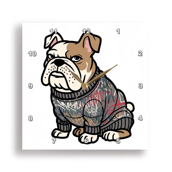 3dRose, Funny Cute Cool English Bulldog Dog Wearing Colorful Sweater Graffiti, 15x15 Wall Clock