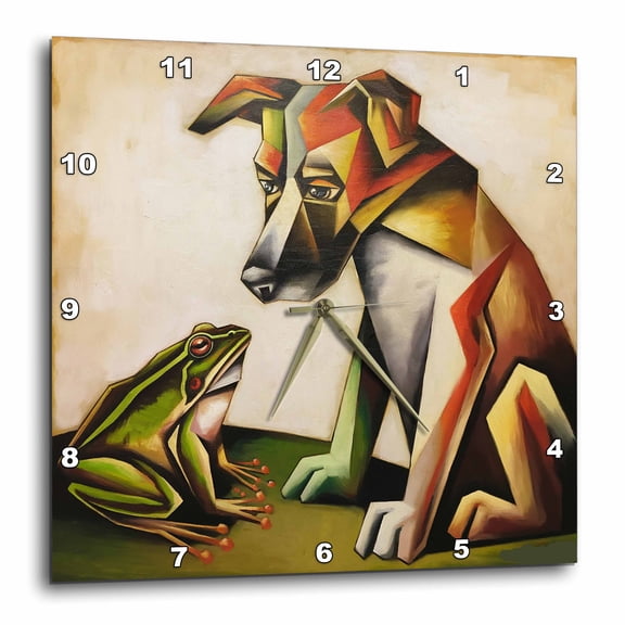 3drose, Funny Cute Cool Frog Nose to Nose with Boxer Dog Mix Cubism Abstract, 10x10 Wall Clock