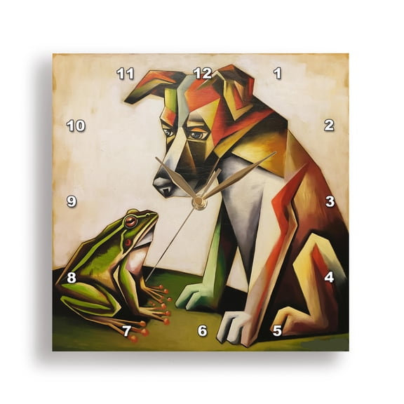 3dRose, Funny Cute Cool Frog Nose to Nose with Boxer Dog Mix Cubism Abstract, 15x15 Wall Clock