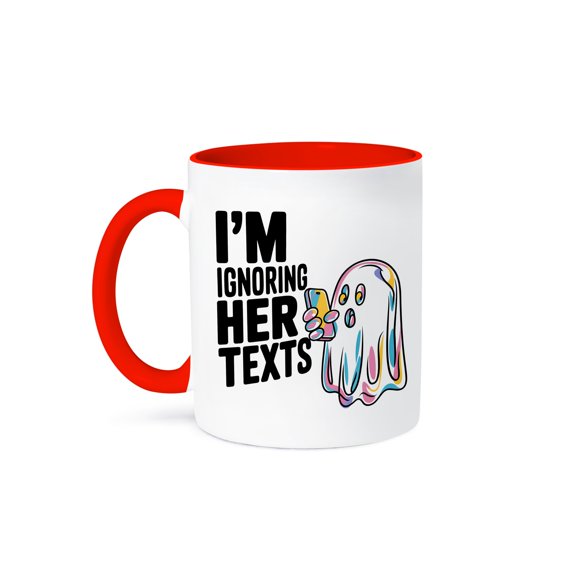 3dRose, Funny Cute Cool Ghost Ghosting Girlfriend Ignoring Texts for Halloween, 11oz Two-Tone Red Mug