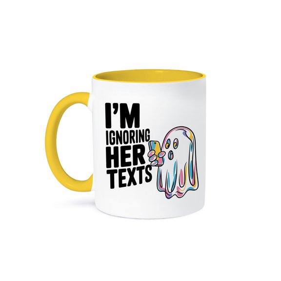 3dRose, Funny Cute Cool Ghost Ghosting Girlfriend Ignoring Texts for Halloween, 11oz Two-Tone Yellow Mug