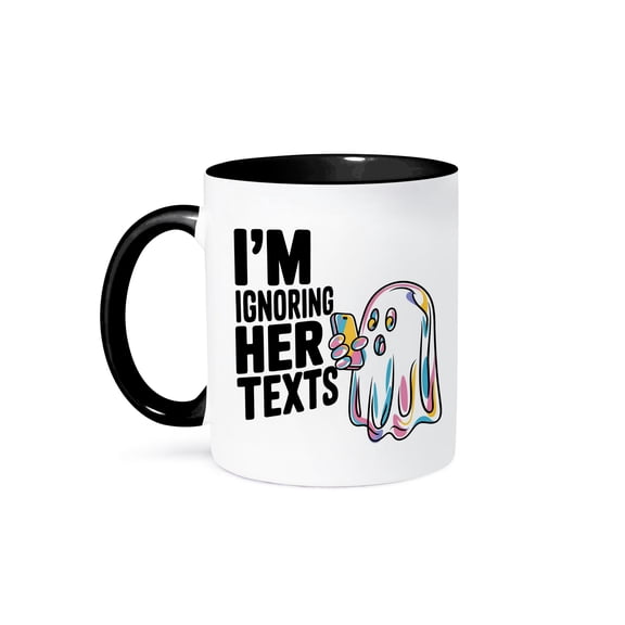 3dRose, Funny Cute Cool Ghost Ghosting Girlfriend Ignoring Texts for Halloween, 15oz Two-Tone Black Mug