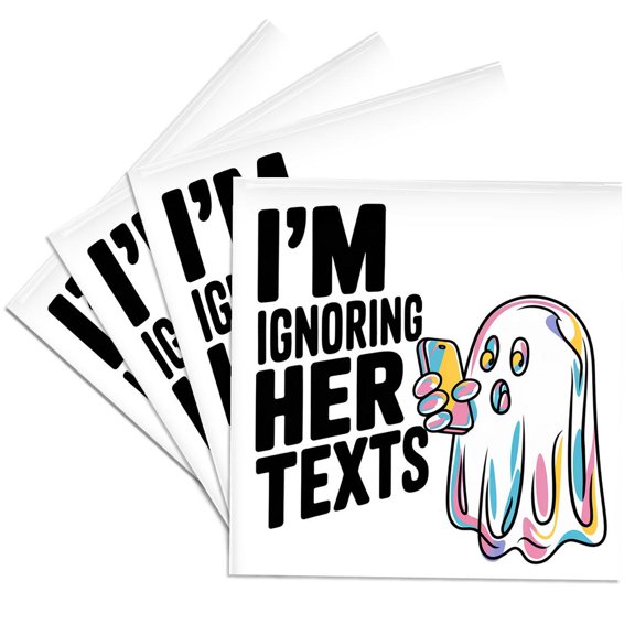 3dRose, Funny Cute Cool Ghost Ghosting Girlfriend Ignoring Texts for Halloween, Set of 4 Ceramic Tile Coasters