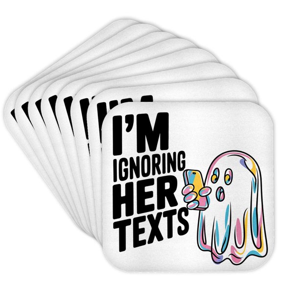 3dRose, Funny Cute Cool Ghost Ghosting Girlfriend Ignoring Texts for Halloween, Set of 8 Coasters - Soft