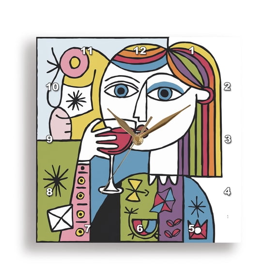 3dRose, Funny Cute Cool Girl Drinking Red Wine Drinkers Cubism Abstract, 10x10 Wall Clock