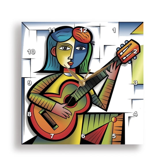 3dRose, Funny Cute Cool Girl Playing Guitar Music Musical Cubism Abstract, 15x15 Wall Clock