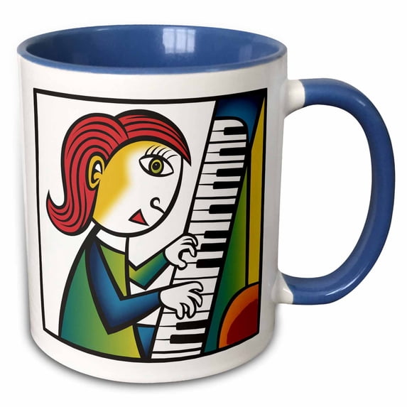 3drose, Funny Cute Cool Girl Playing Piano Music Musical Cubism Abstract, 15oz Two-tone Blue Mug