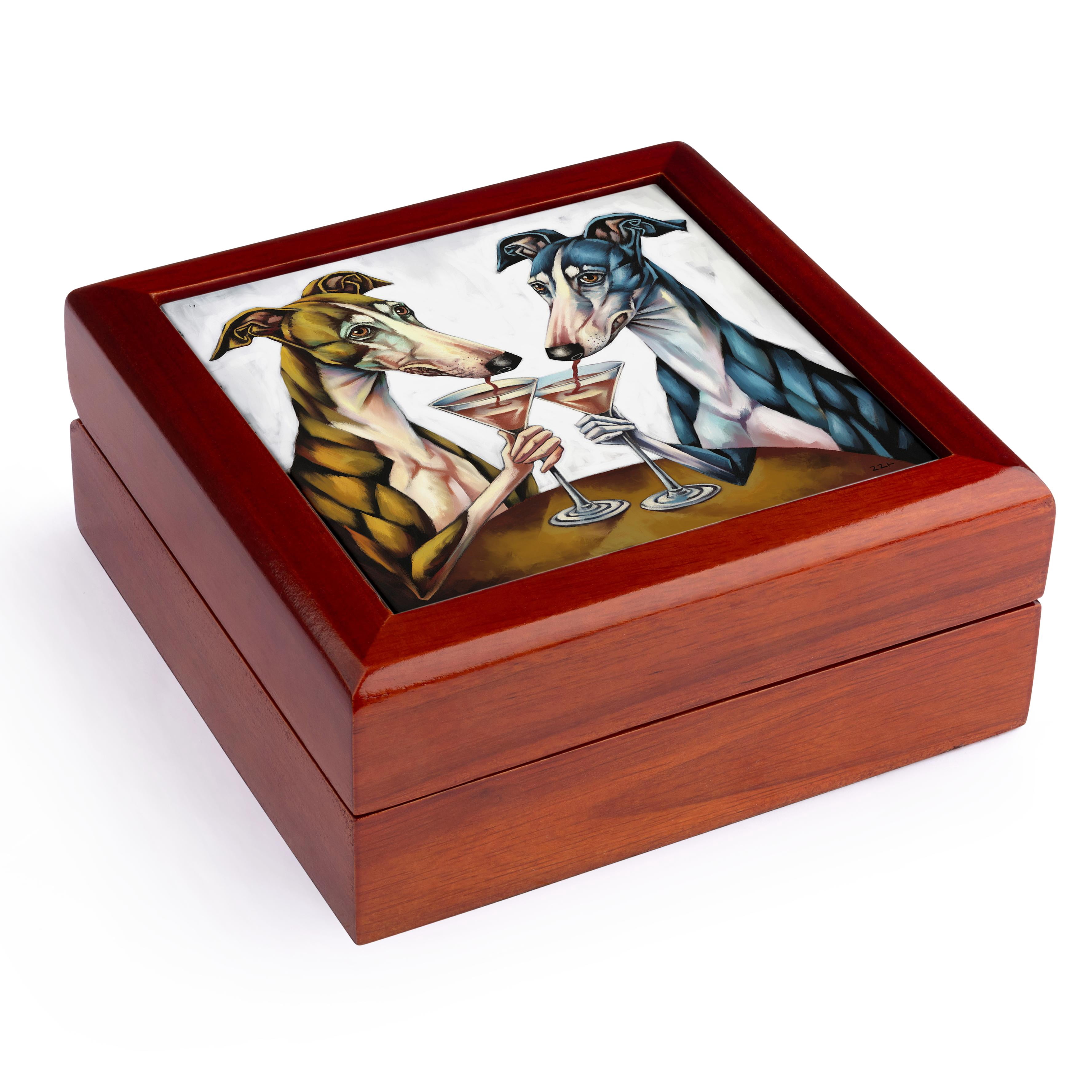 3dRose, Funny Cute Cool Greyhound Dogs Drinking Martinis Pets Abstract, Jewelry Box 5.5x5.5 inch with 4 inch tile