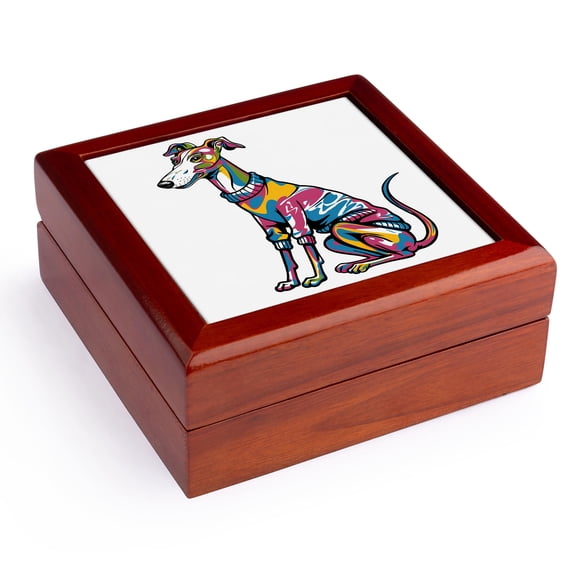 3dRose, Funny Cute Cool Greyhound Puppy Dog Wearing Colorful Sweater Graffiti, Jewelry Box 5.5x5.5 inch with 4 inch tile