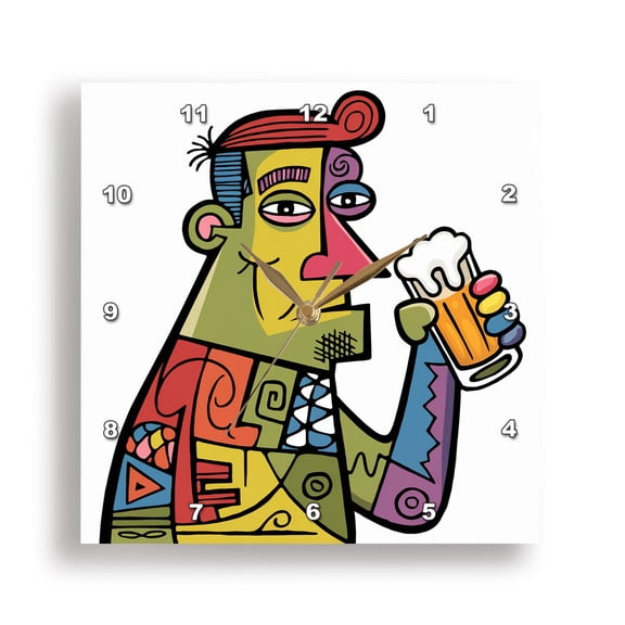 3dRose, Funny Cute Cool Guy Drinking Beer Drinker Cubism Abstract, 13x13 Wall Clock