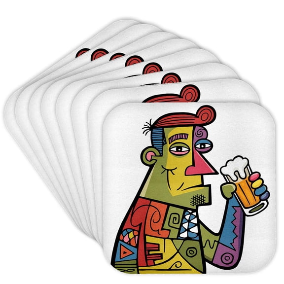3dRose, Funny Cute Cool Guy Drinking Beer Drinker Cubism Abstract, Set of 8 Coasters - Soft