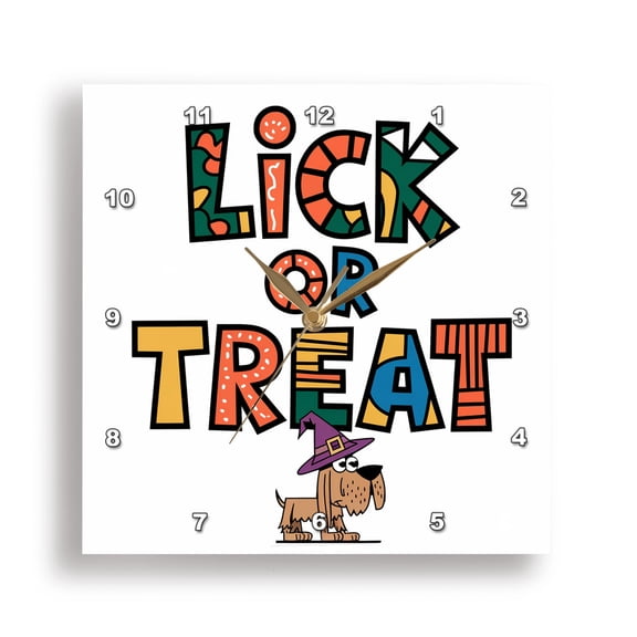 3dRose, Funny Cute Cool Lick or Treat Puppy Dog Witch Halloween Satire Pun, 13x13 Wall Clock