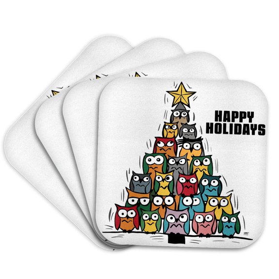 3drose, Funny Cute Cool Owls Merry Christmas Tree Abstract Art, Set of 4 Coasters - Soft