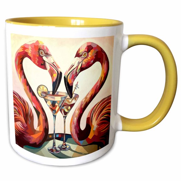 3drose, Funny Cute Cool Pink Flamingos Drinking Martinis Beach Birds Abstract, 11oz Two-tone Yellow Mug