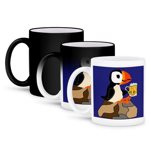 3dRose, Funny Cute Cool Puffin Bird Drinking Beer Primitive Art, 11oz Magic Transforming Mug