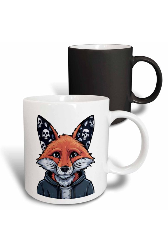 , Funny Cute Cool Red Fox with Hoodie and Goth Ears with Skeletons, 11oz Magic Transforming Mug