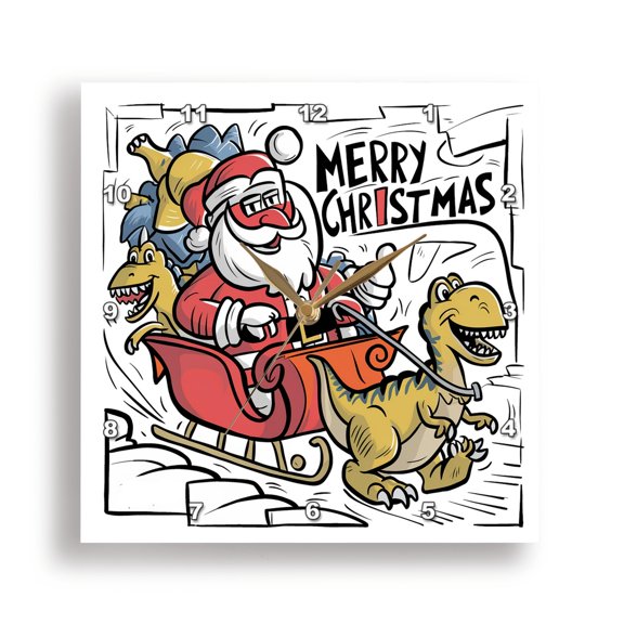 3dRose, Funny Cute Cool Santa Claus in Sleigh Pulled by Dinosaur Christmas, 15x15 Wall Clock