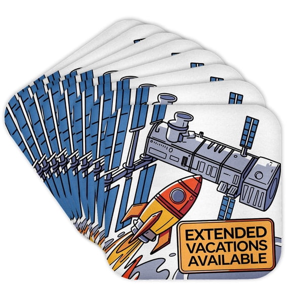 3drose, Funny Cute Cool Sapce Station with Extended Vacation Rocket Satire, Set of 8 Coasters - Soft
