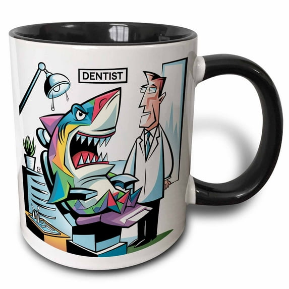 3drose, Funny Cute Cool Shark at the Dentist Dental Beach Satire Abstract, 15oz Two-tone Black Mug