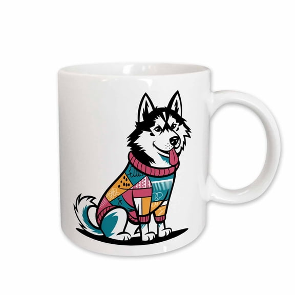 3drose, Funny Cute Cool Siberian Husky Dog Wearing Colorful Sweater Graffiti, 15oz Mug