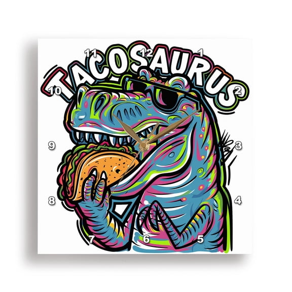 3dRose, Funny Cute Cool T-rex Dinosaur eating Taco Tacosaurus Pun Graffiti , 15x15 Wall Clock
