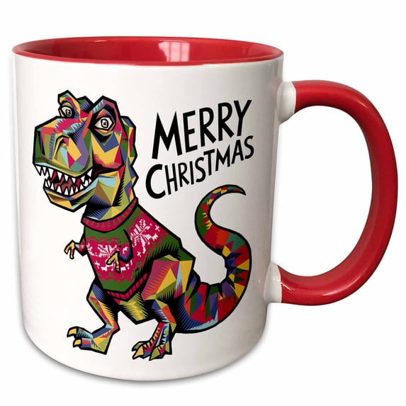 3drose, Funny Cute Cool T-rex Dinosaur in Ugly Christmas Sweater Holidays, 11oz Two-tone Red Mug