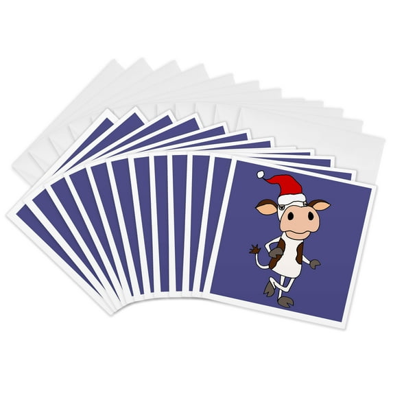 3drose, Funny Cute Cow in Santa Hat Christmas Cartoon, 12 Greeting Cards with Envelopes