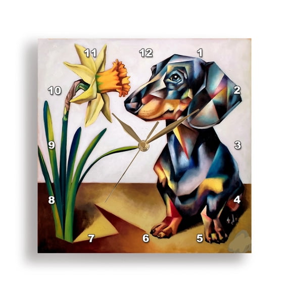 3dRose, Funny Cute Dachshund Puppy Dog and Daffodil Flower Cubism Abstract, 15x15 Wall Clock