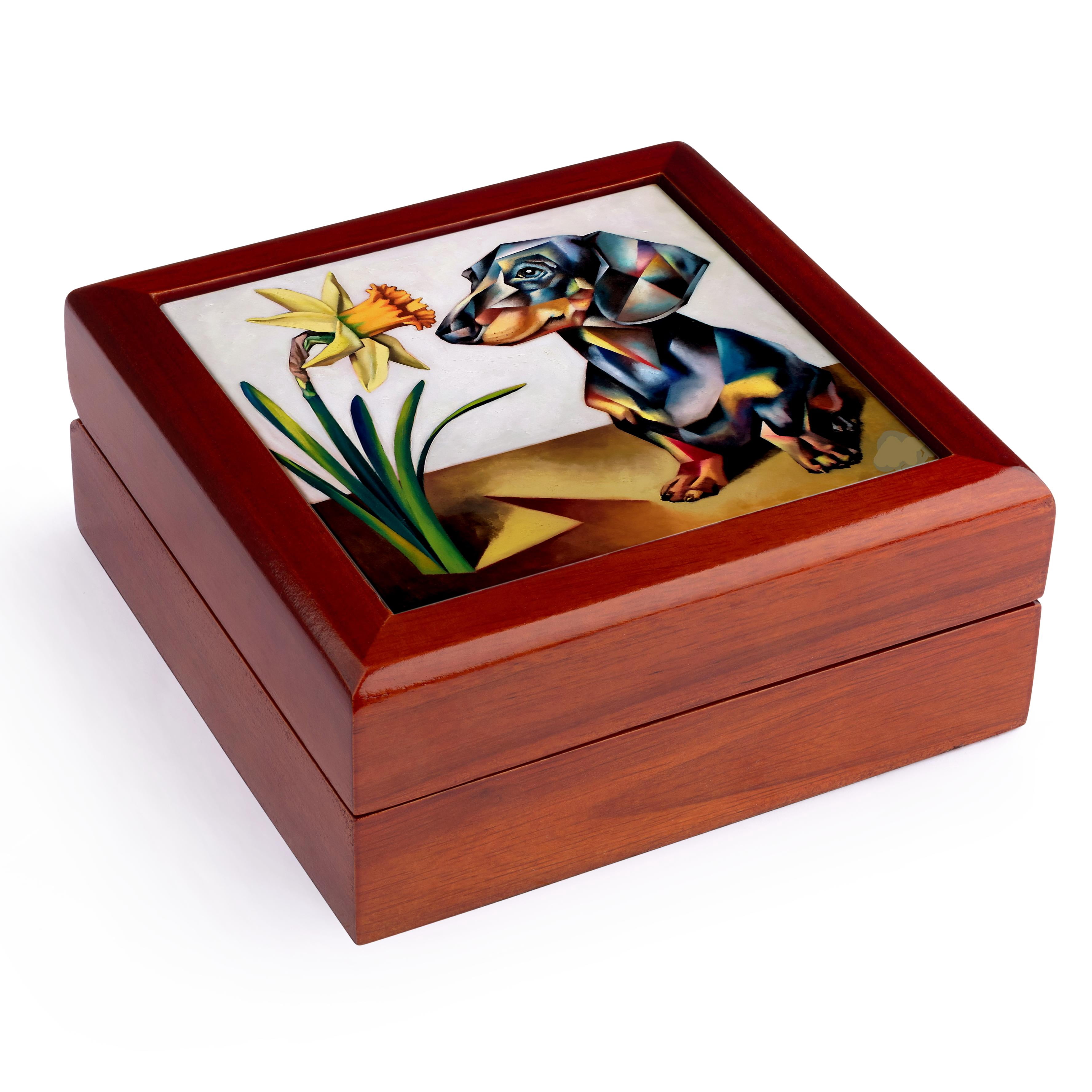 3dRose, Funny Cute Dachshund Puppy Dog and Daffodil Flower Cubism Abstract, Jewelry Box 5.5x5.5 inch with 4 inch tile