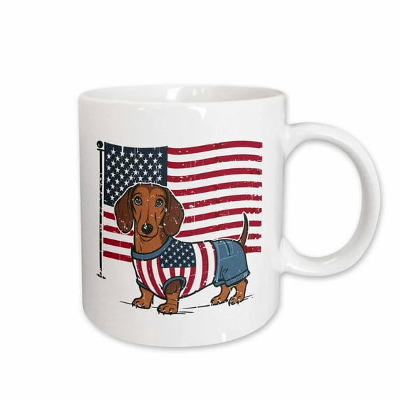 3drose, Funny Cute Dachshund Wiener Dog Dressed in American Flag Shirt, 15oz Mug