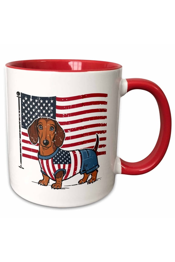 , Funny Cute Dachshund Wiener Dog Dressed in American Flag Shirt, 15oz Two-tone Red Mug