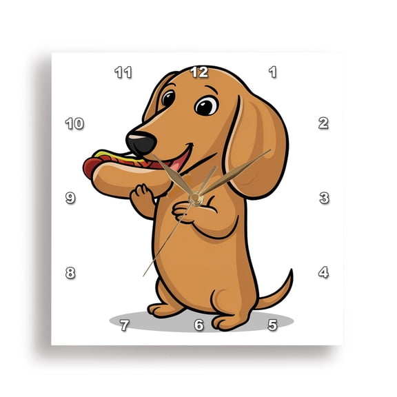 3dRose, Funny Cute Dachshund Wiener Dog eating Hotdog Satire, 15x15 Wall Clock