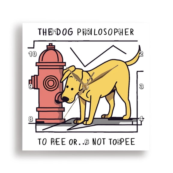 3dRose, Funny Cute Dog Sniffing Fire Hydrant Dog Philosopher Satire, 15x15 Wall Clock