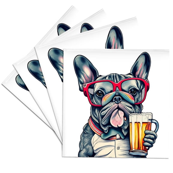 3dRose, Funny Cute French Bulldog Dog Drinking Beer, Set of 4 Ceramic Tile Coasters