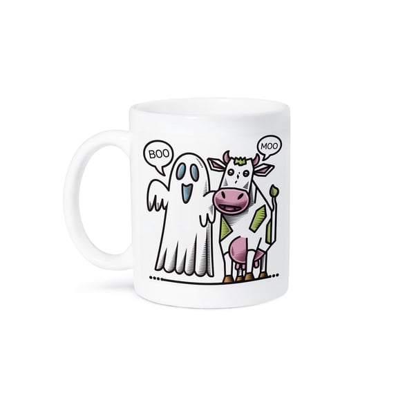 3dRose, Funny Cute Ghost says Boo and Cow says Moo Pun Animal Satire, 15oz Mug